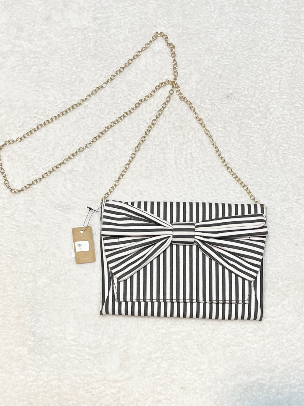 3AM Forever Black and White Stripe Bow Clutch‎ Purse with Detachable Gold Chain
